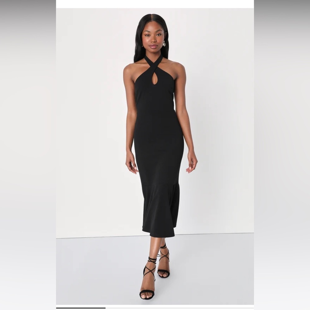 Lulus Striking Allure Black Cross-Front Trumpet Midi Dress